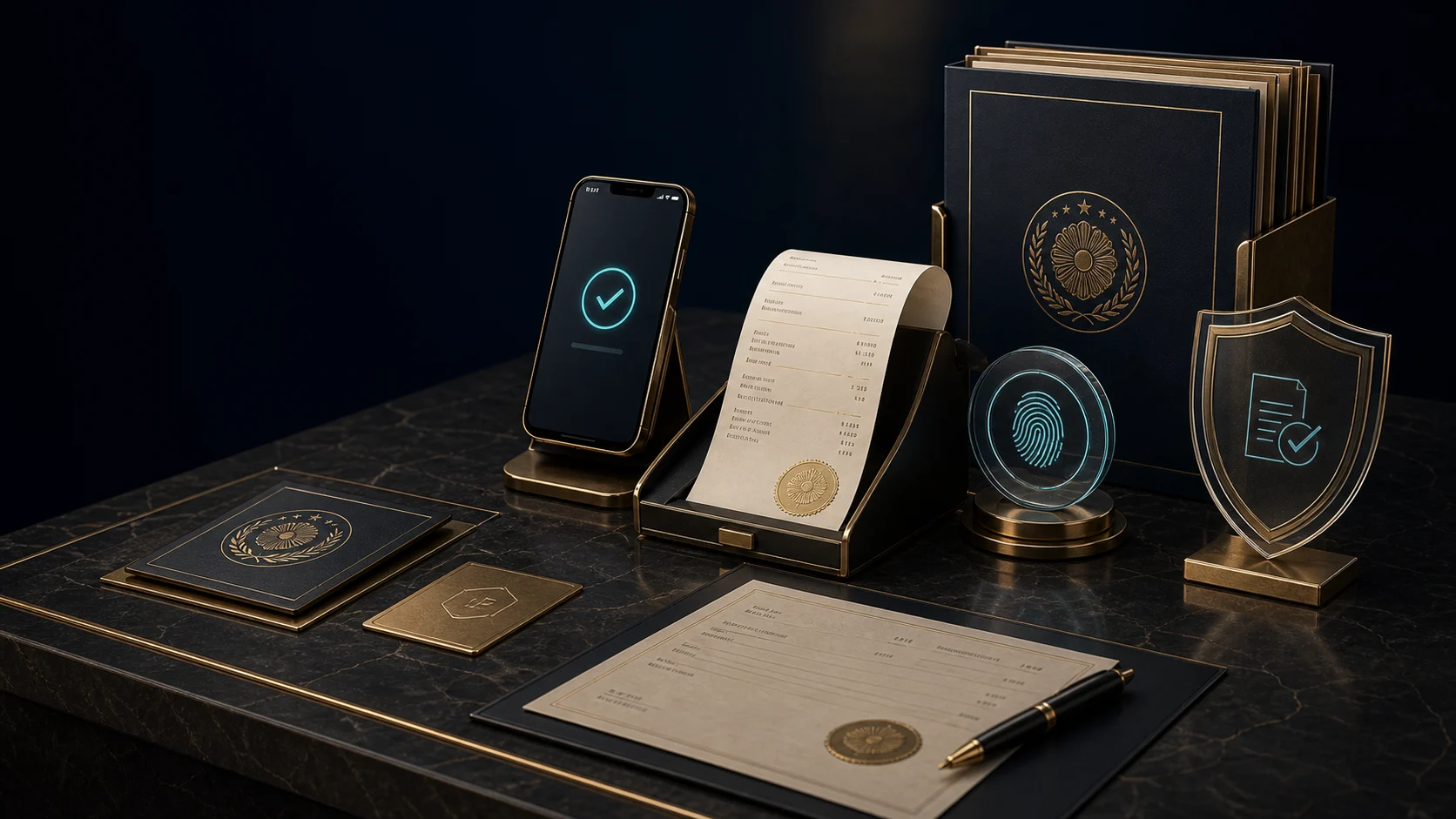 Concept visual showing a verified receipt, phone approval, biometric confirmation and independent proof shield in one institutional acceptance record