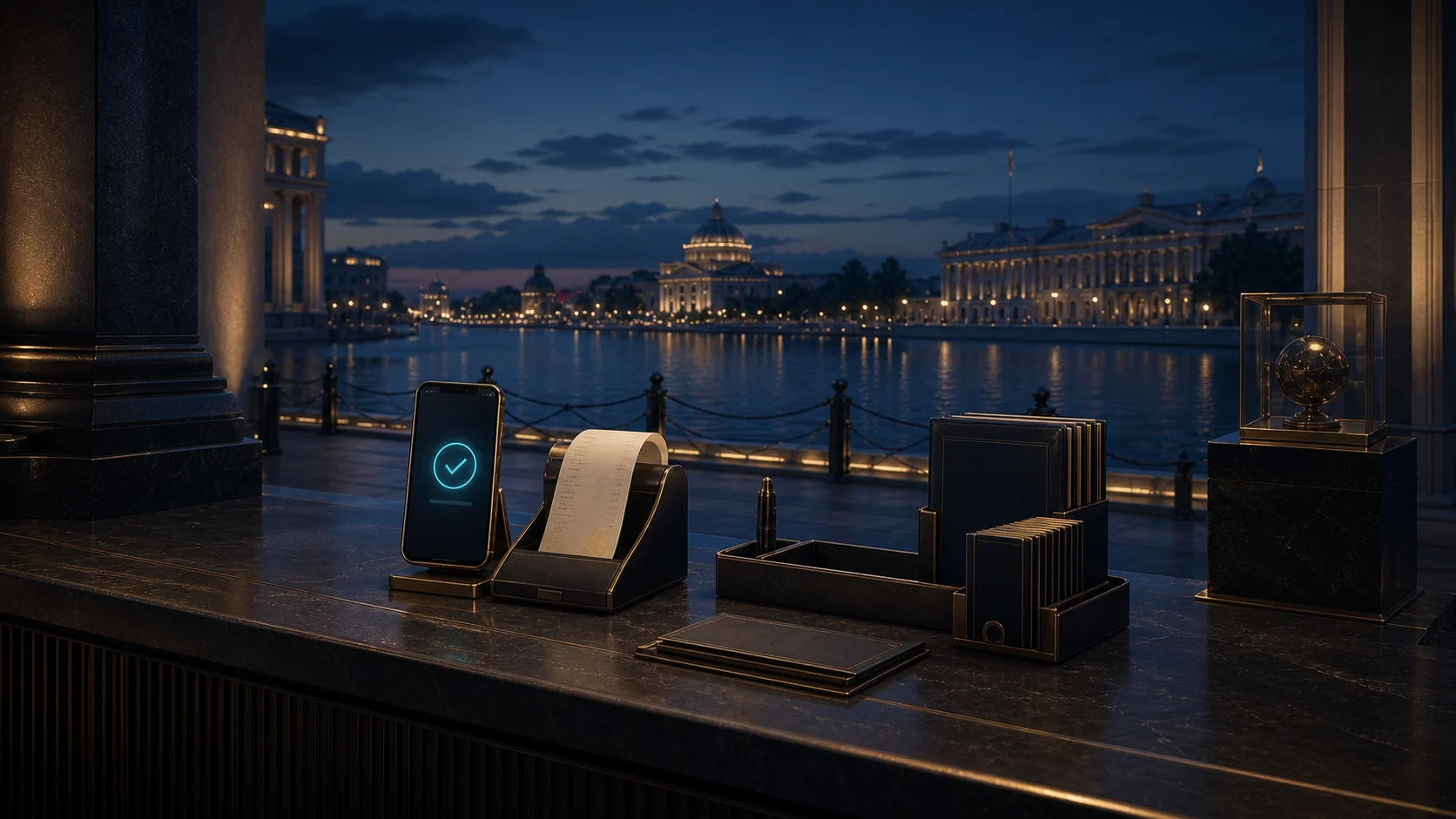 Concept visual of a dignified public counter with phone confirmation, receipt evidence and civic infrastructure in the background