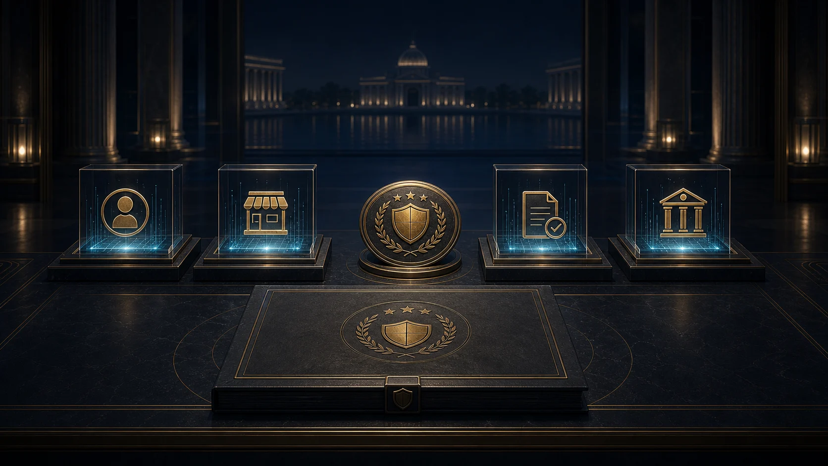 Concept visual of a public assurance charter connecting identity, merchant acceptance, receipt proof and gateway evidence without market or payment-service imagery