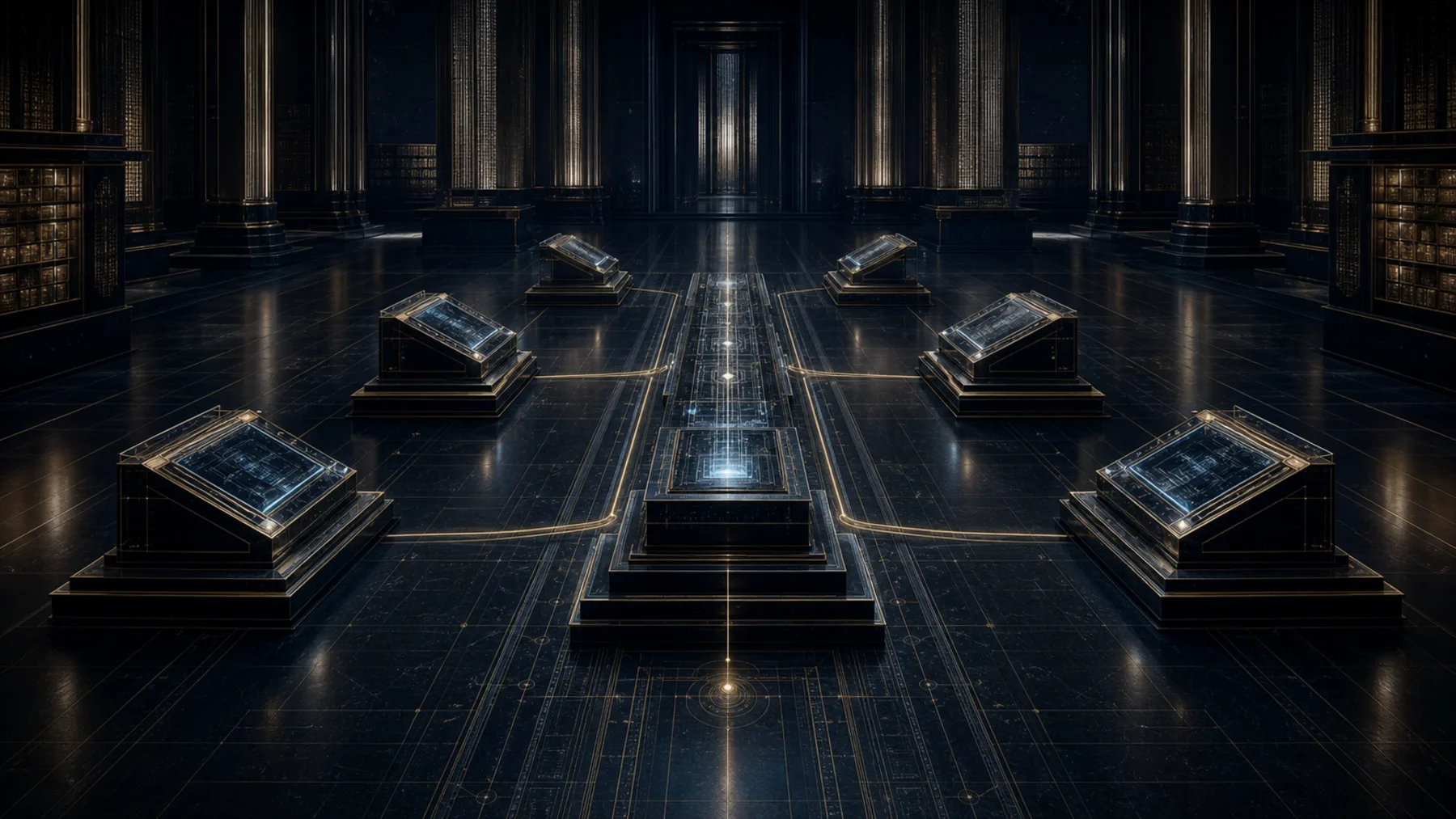 Institutional concept visual of a public records hall with proof-led review files and evidence nodes, without readable text or financial-market imagery