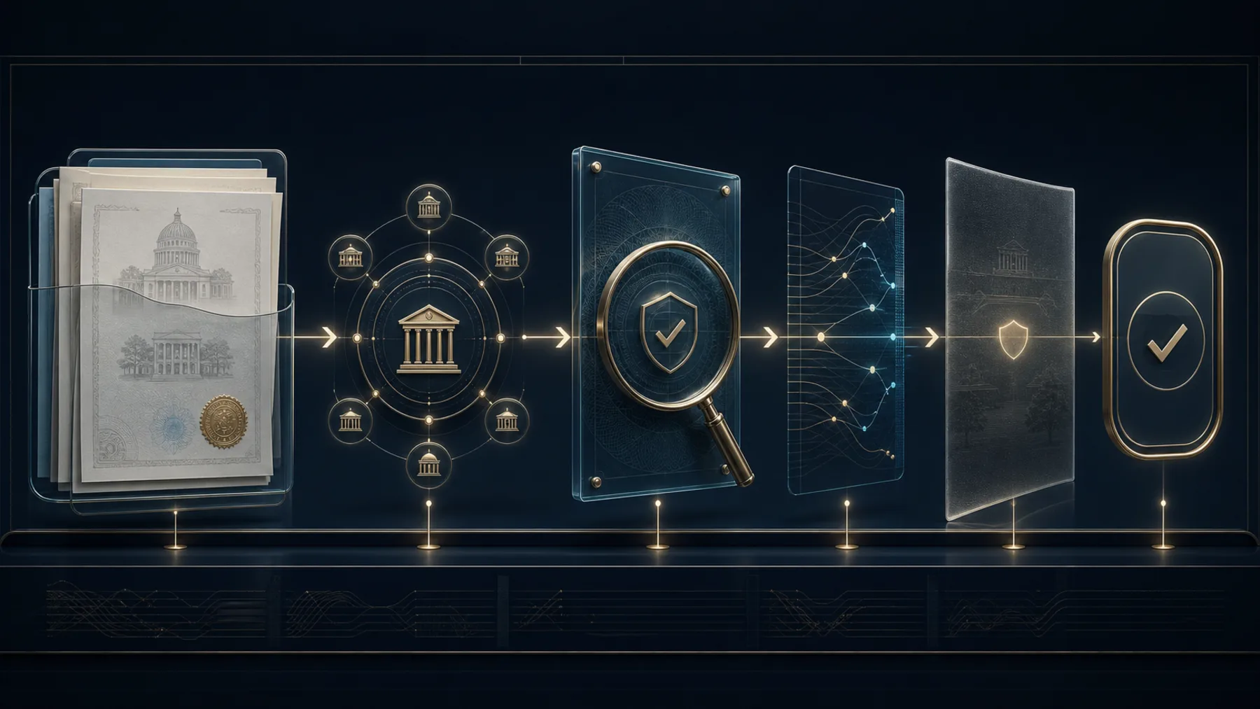 Institutional concept visual of five registered public digital infrastructure surfaces connected as one reviewable ecosystem