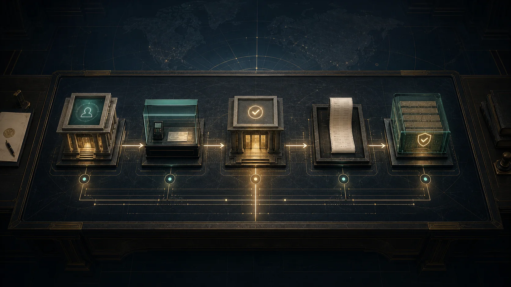 Institutional concept visual of five evidence stages connecting identity registry, merchant acceptance, controlled approval, final receipt and gateway evidence as one governed operating path