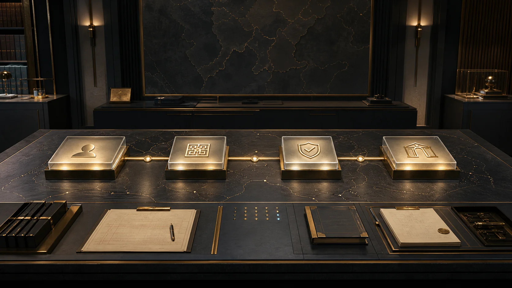 Concept visual of a civic operations table connecting identity, acceptance, signature proof and the exchange gateway
