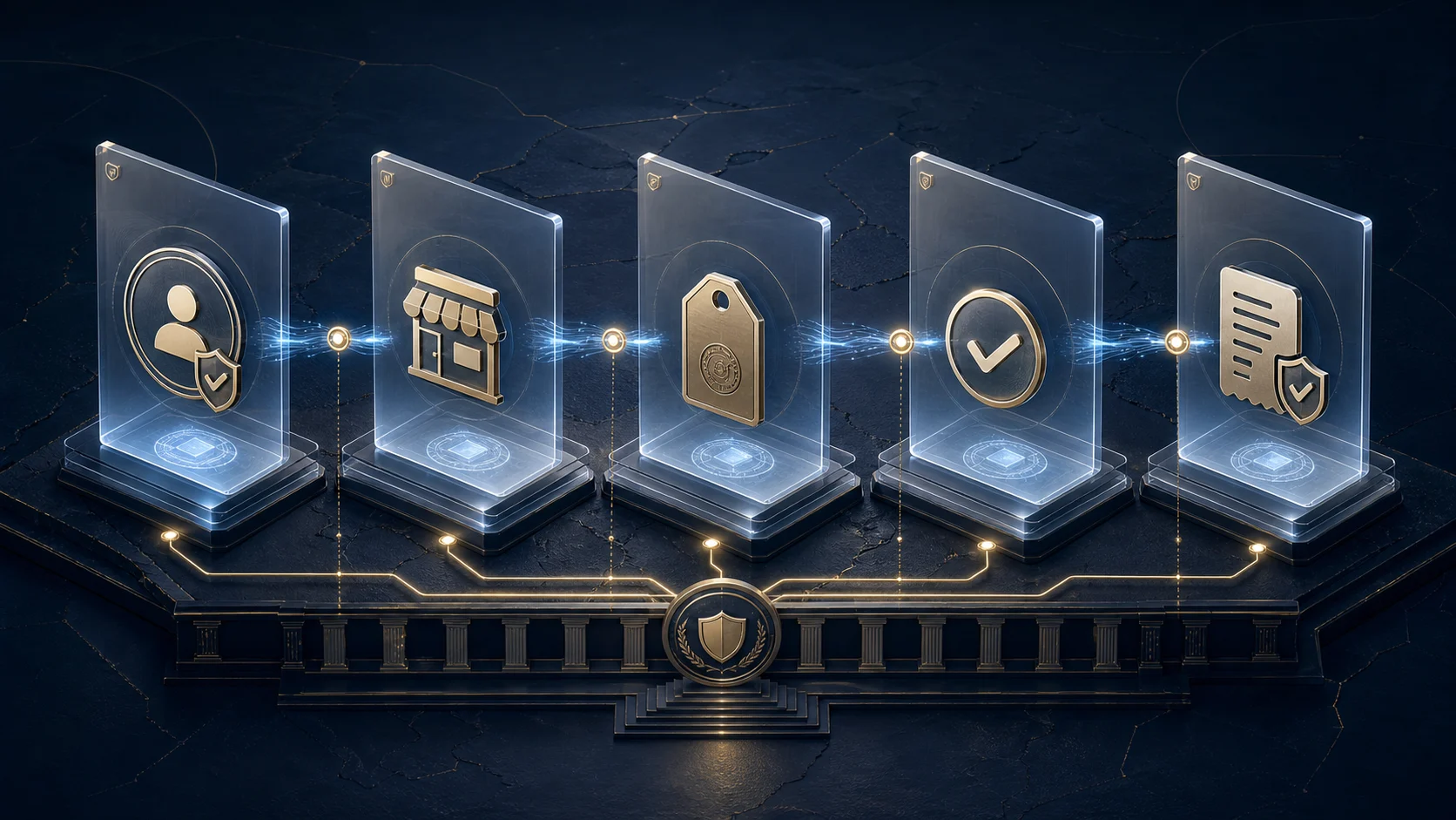 Concept visual showing identity, merchant registry, local price, controlled approval and receipt verification as one institutional evidence path