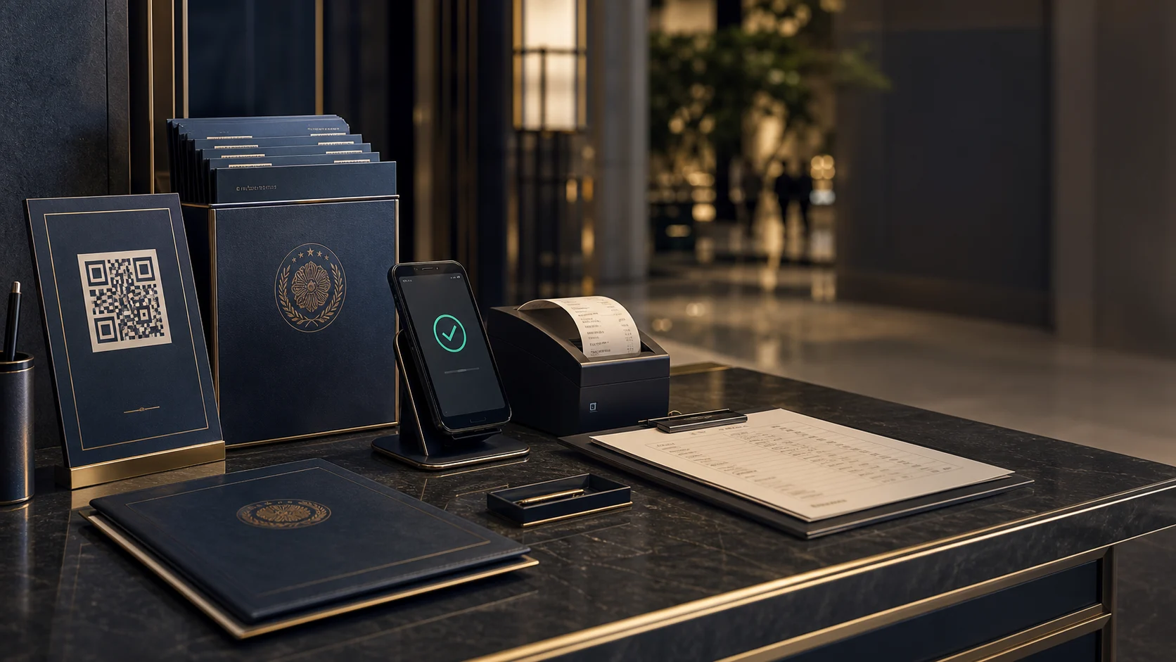 Concept scene: an institutional merchant acceptance counter with a neutral QR placard, secure phone terminal, receipt printer and registry materials